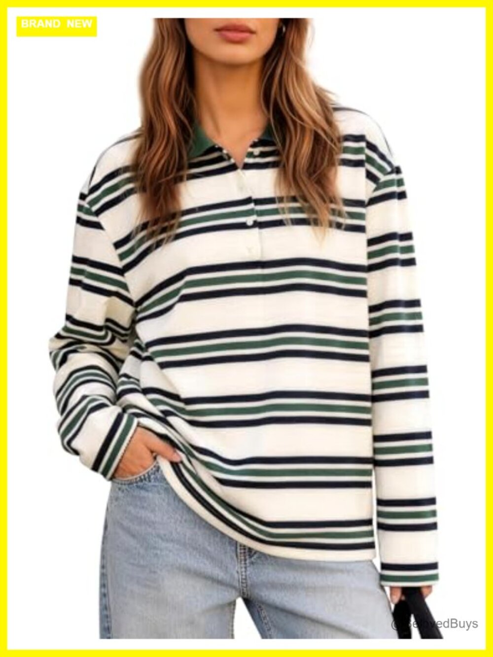 Striped Rugby Polo Shirt Women Long Sleeve Collared Pullover Top